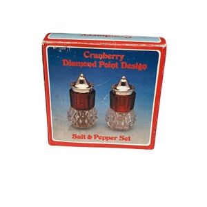 Vintage 1960s Cranberry Diamond Point Design Salt & Pepper Set, Hong Kong